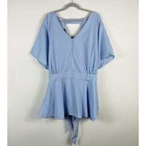 Ashley Stewart Size 26 Striped Short Sleeve Peplum Top Blue White Cotton Blend